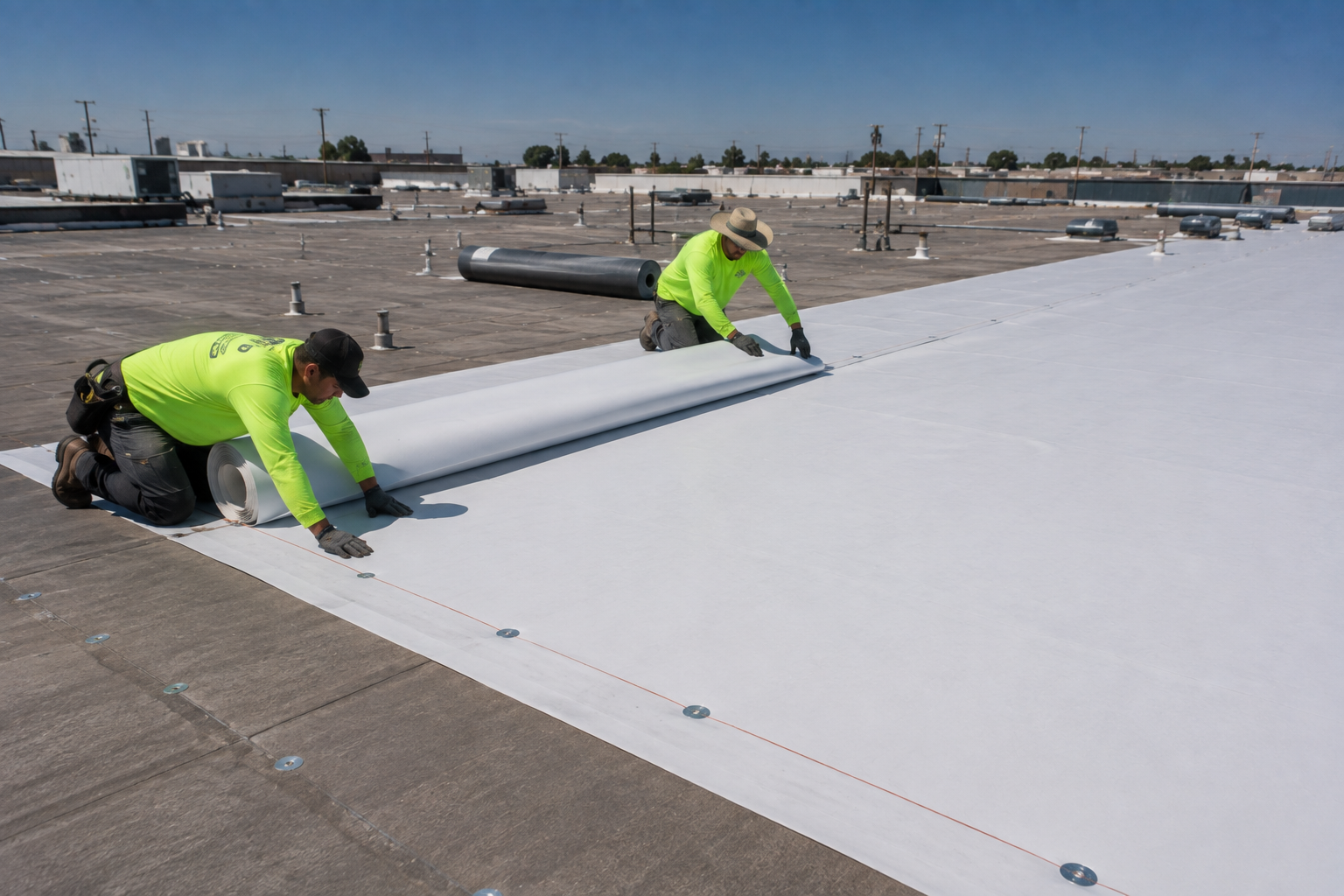 Reflective commercial roof coating applied to a flat roof