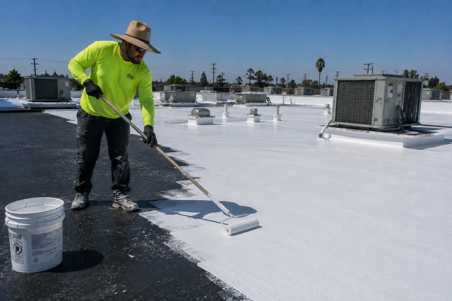 Commercial roofing crew installing a white reflective membrane