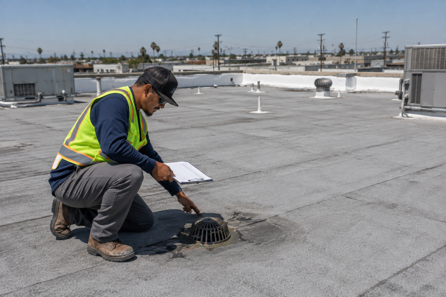 Completed white reflective commercial cool roof in Los Angeles