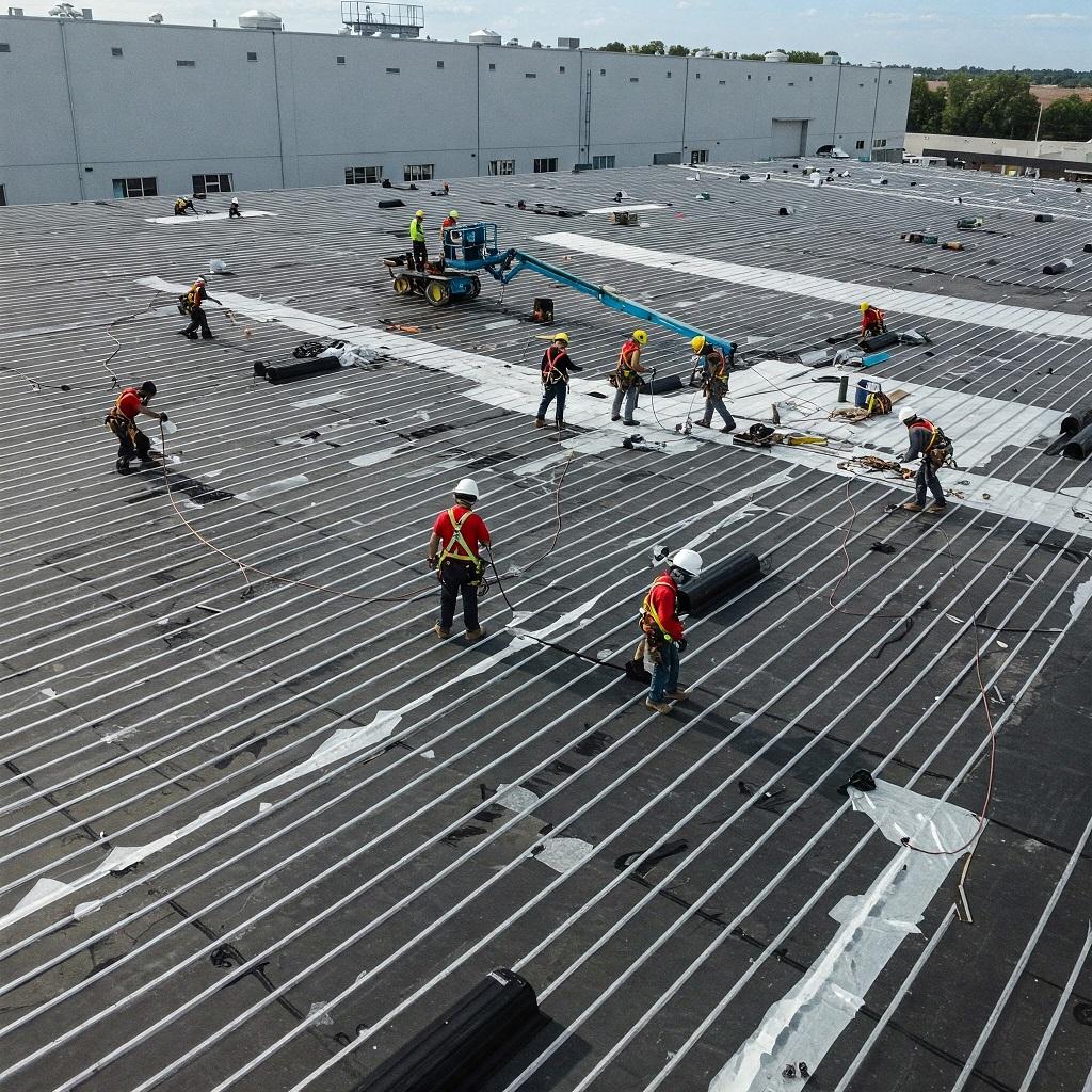 Commercial roofing crew installing a roof in Los Angeles