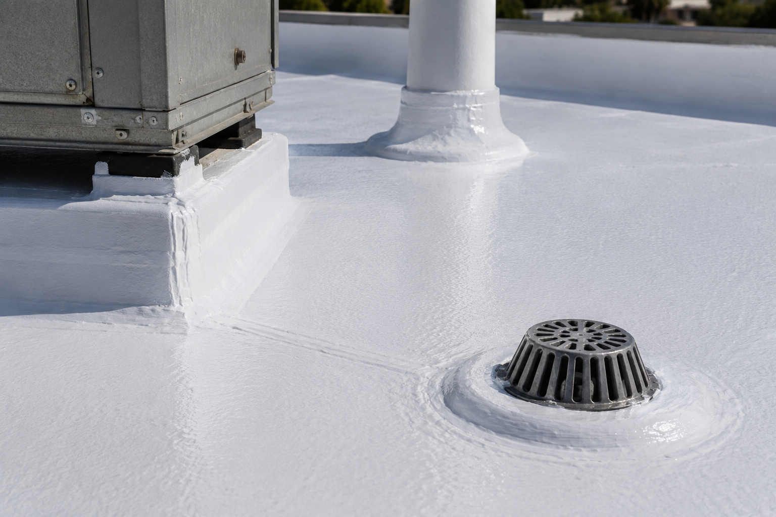 Close-up of seamless commercial roofing material around roof details