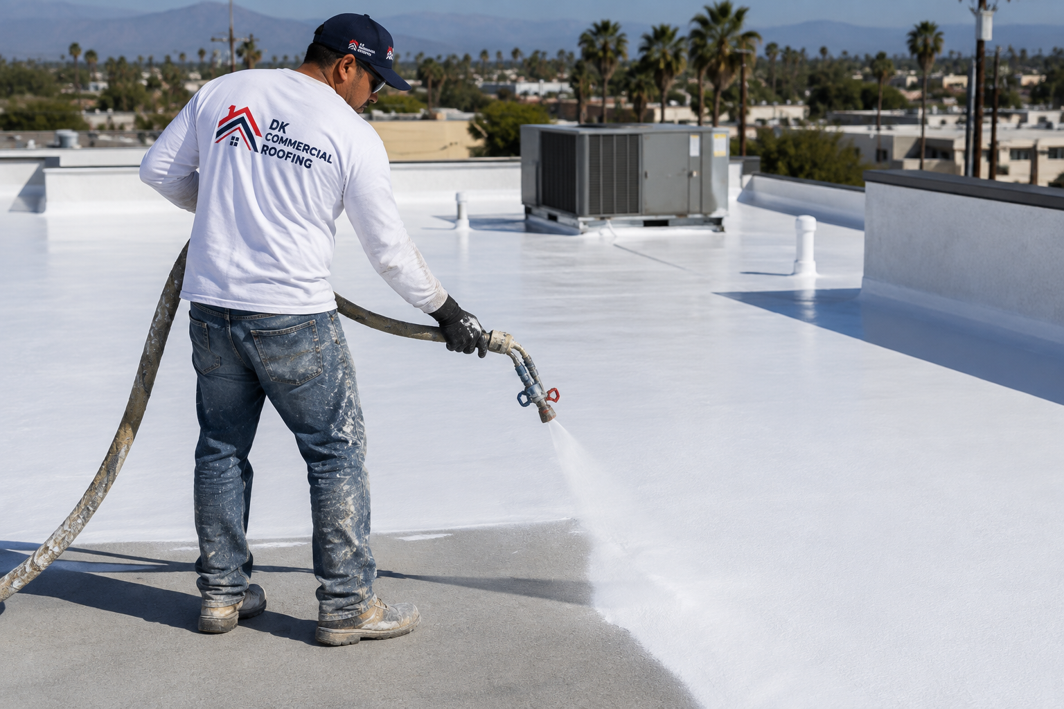 Worker applying a seamless commercial roofing system in Los Angeles