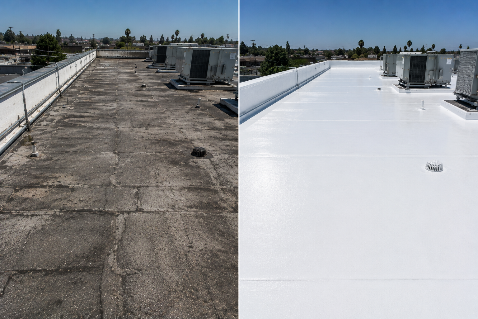 Before and after commercial roof maintenance comparison