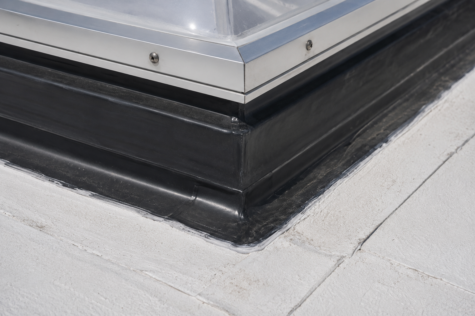 Close-up of commercial skylight flashing and waterproofing