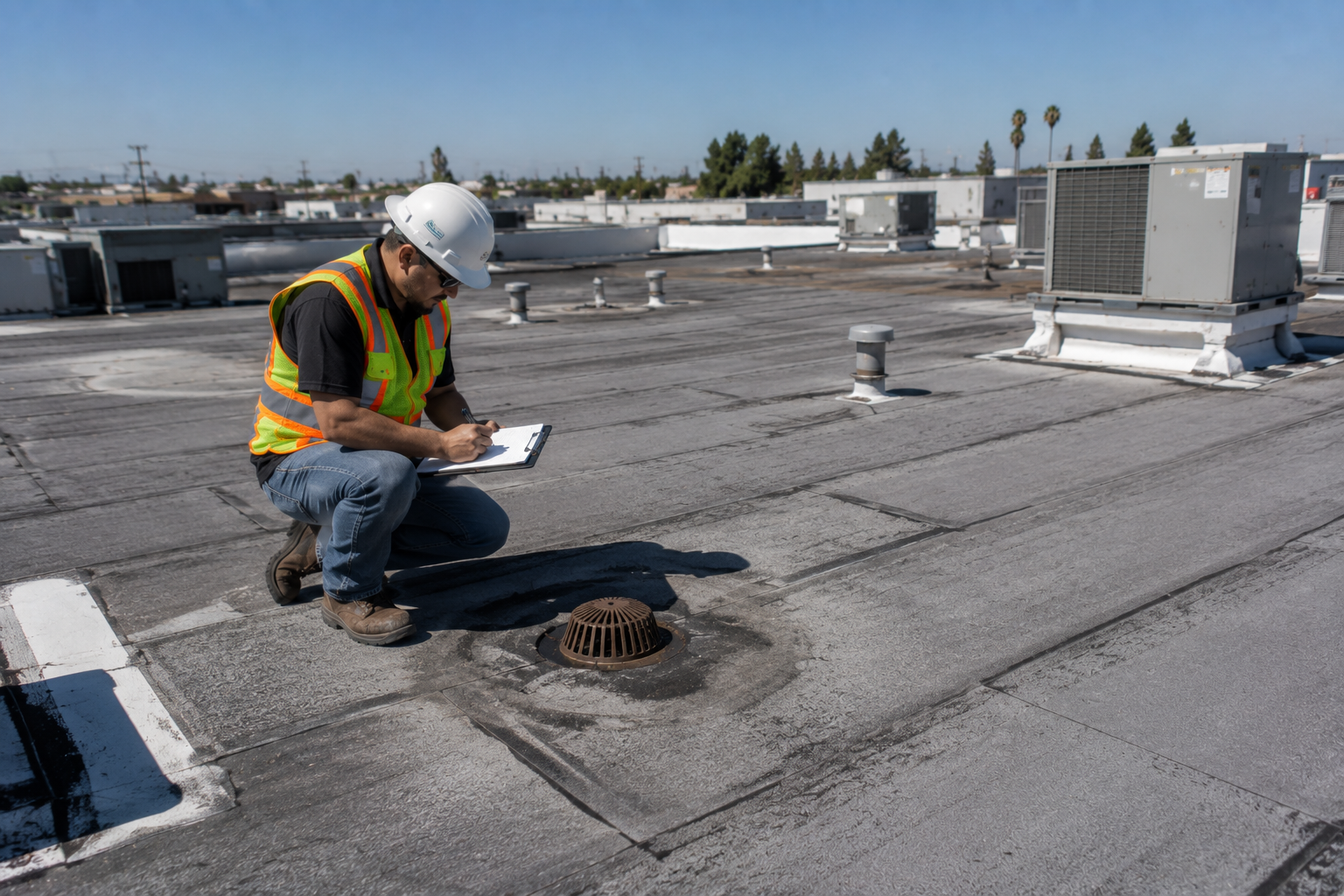 Commercial roofer inspecting a flat roofing system in Los Angeles