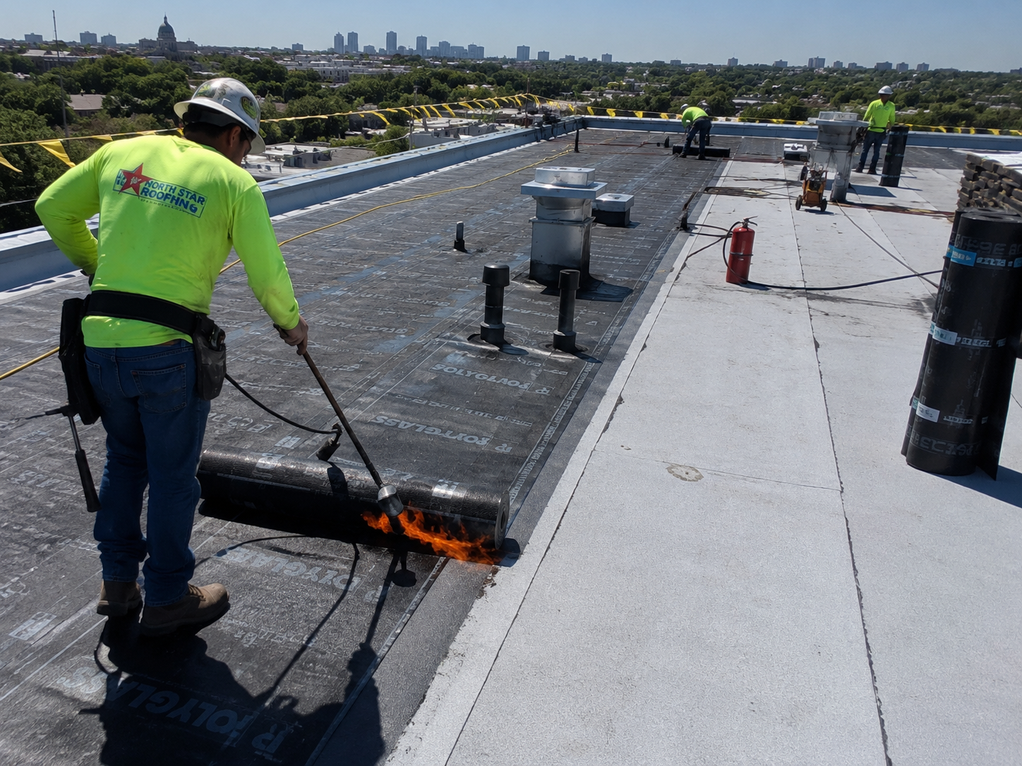 Built-up roofing installation in progress in Los Angeles