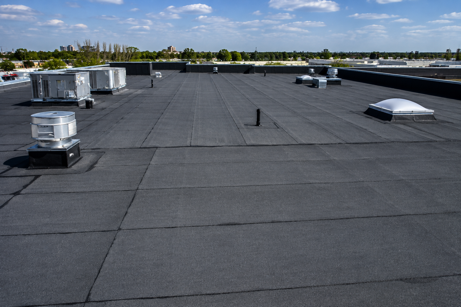 Wide view of completed built-up commercial roof in Los Angeles